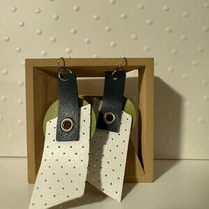 Green and White Leather Earrings